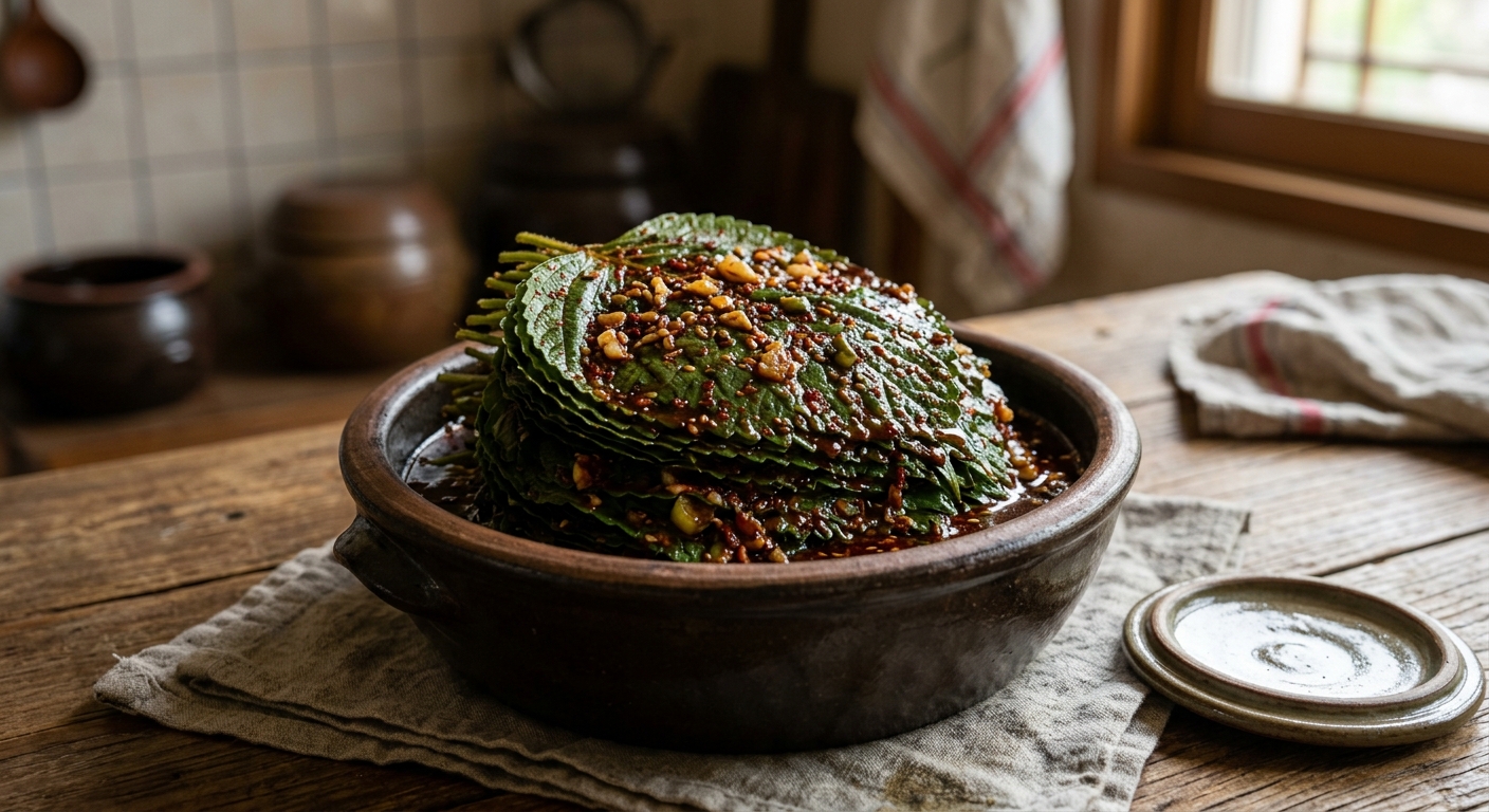유리 밀폐용기에 담겨 냉장 숙성 중인 깻잎지