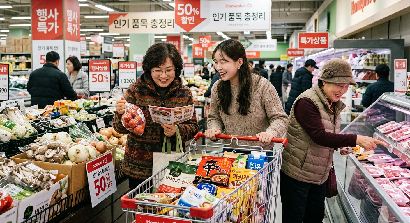 장보기 메모를 들고 할인 상품을 고르는 소비자 모습
