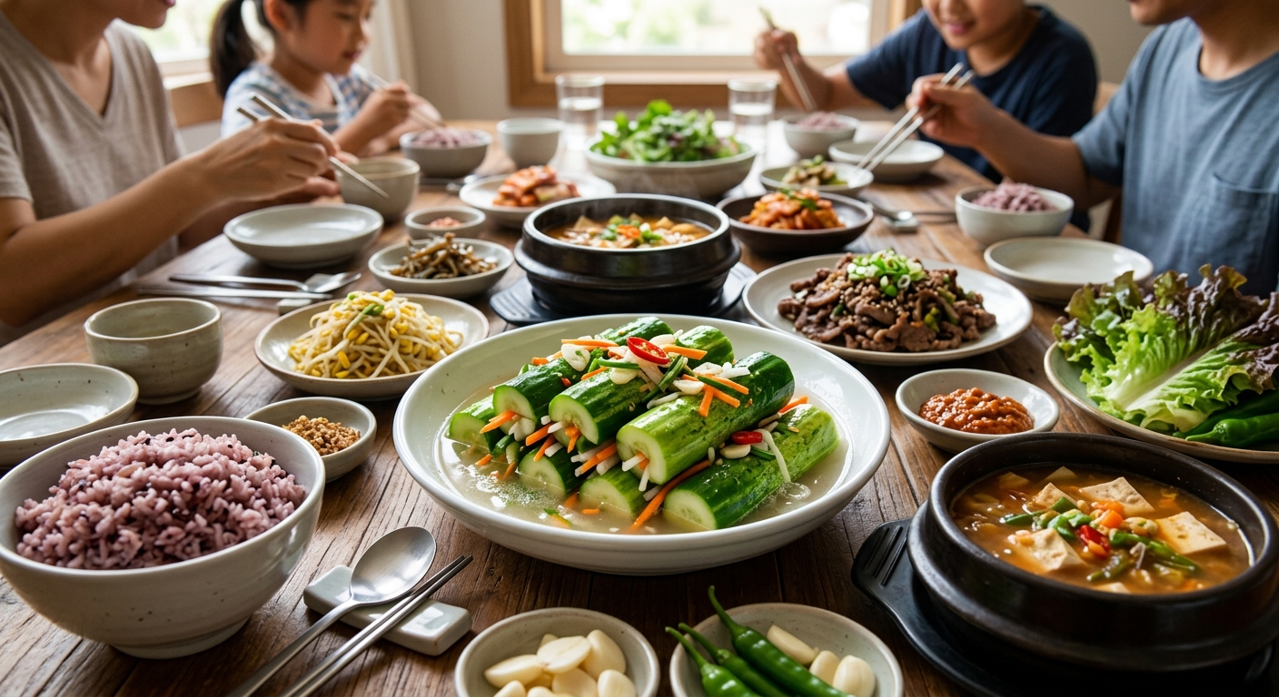 오이백김치가 고기 요리와 크래커 안주와 함께 차려진 식탁