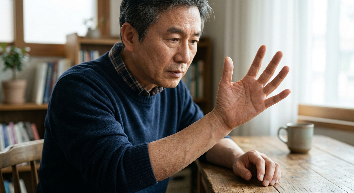 자연광 아래에서 양손 손바닥과 손톱을 함께 살펴보는 모습