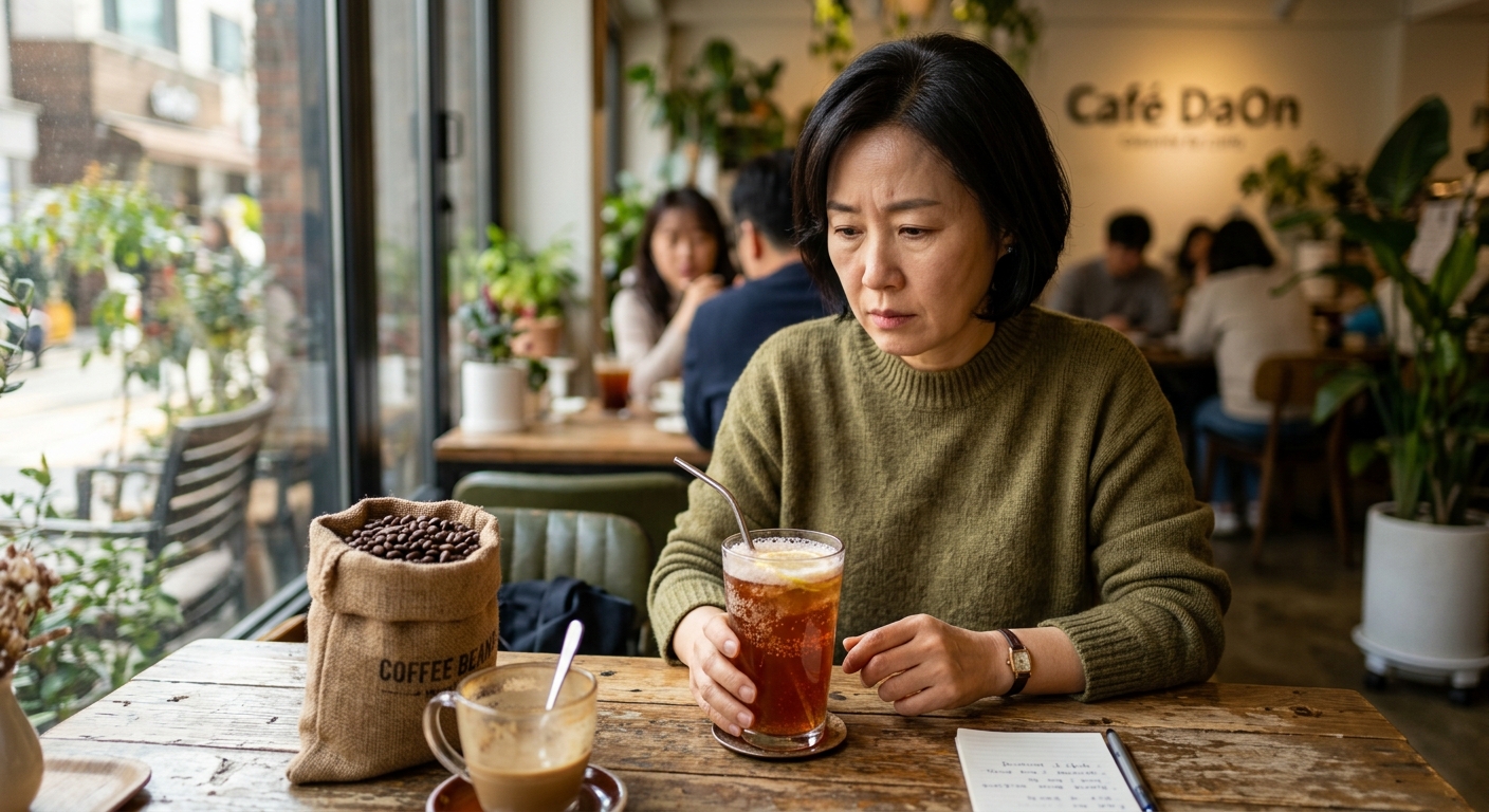 콤부차 잔과 함께 섭취 전 주의사항을 생각하게 하는 차분한 건강 이미지