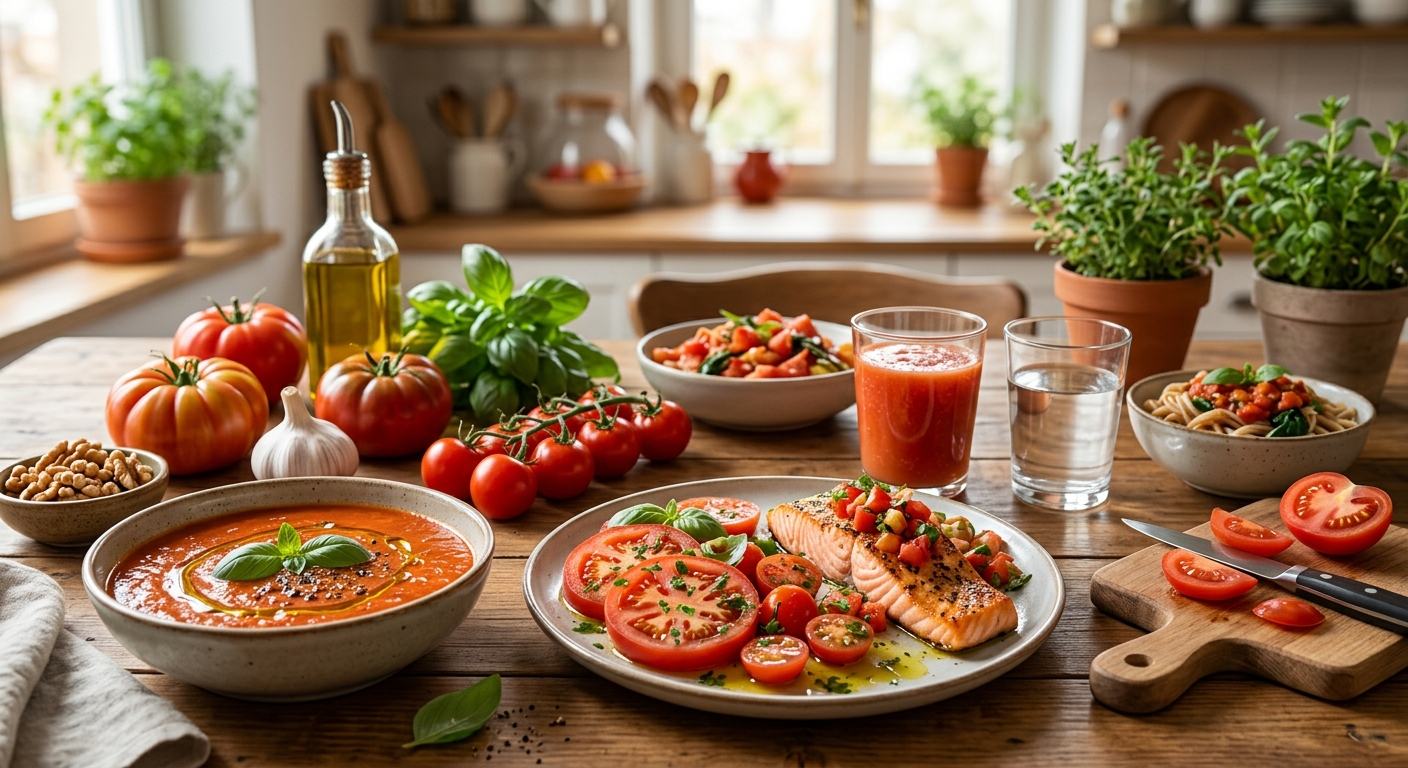 샐러드와 주스 등 다양한 방식으로 활용된 토마토 식단 이미지
