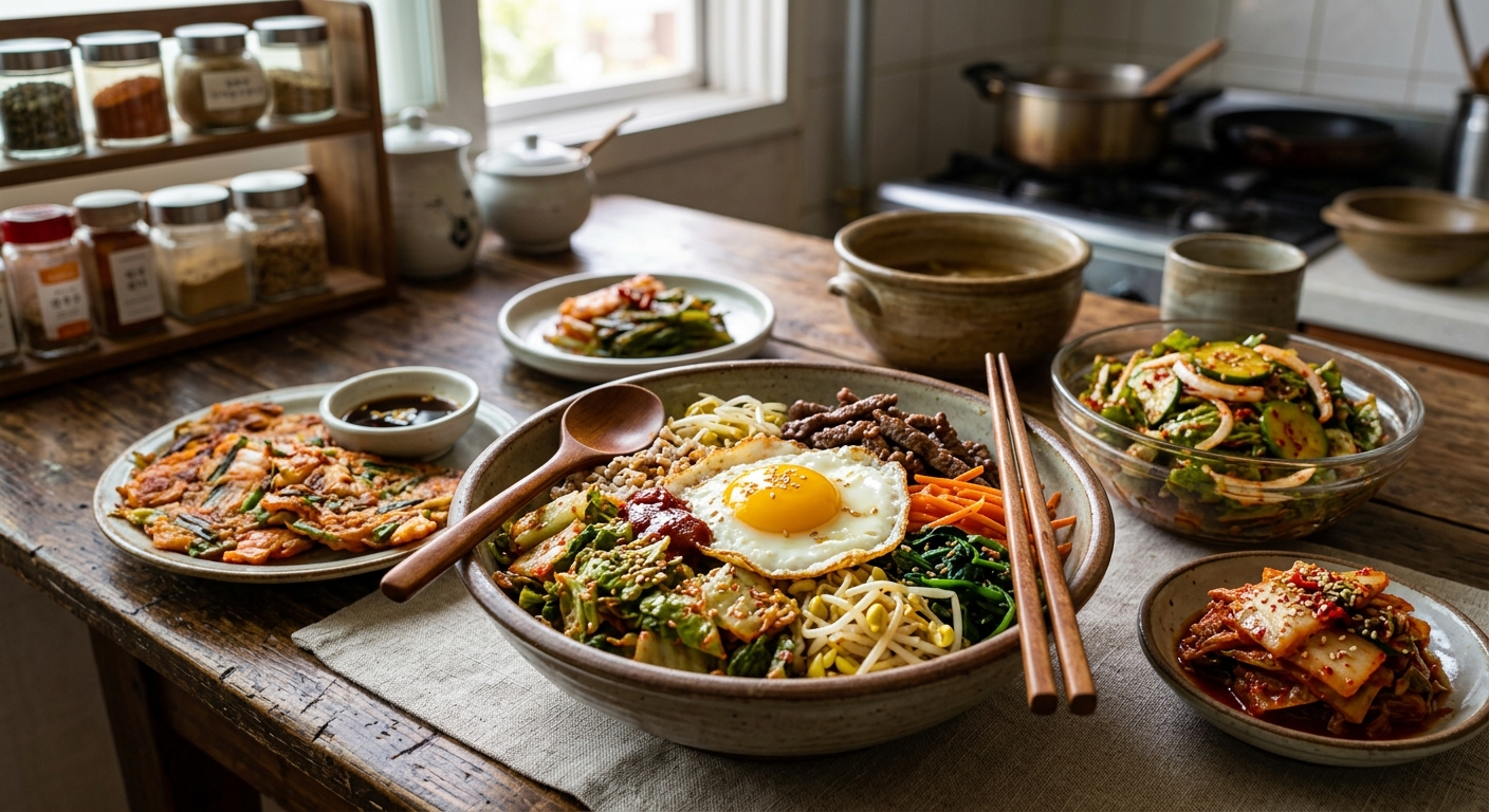 상추김치를 올린 비빔밥 스타일의 한 그릇 음식