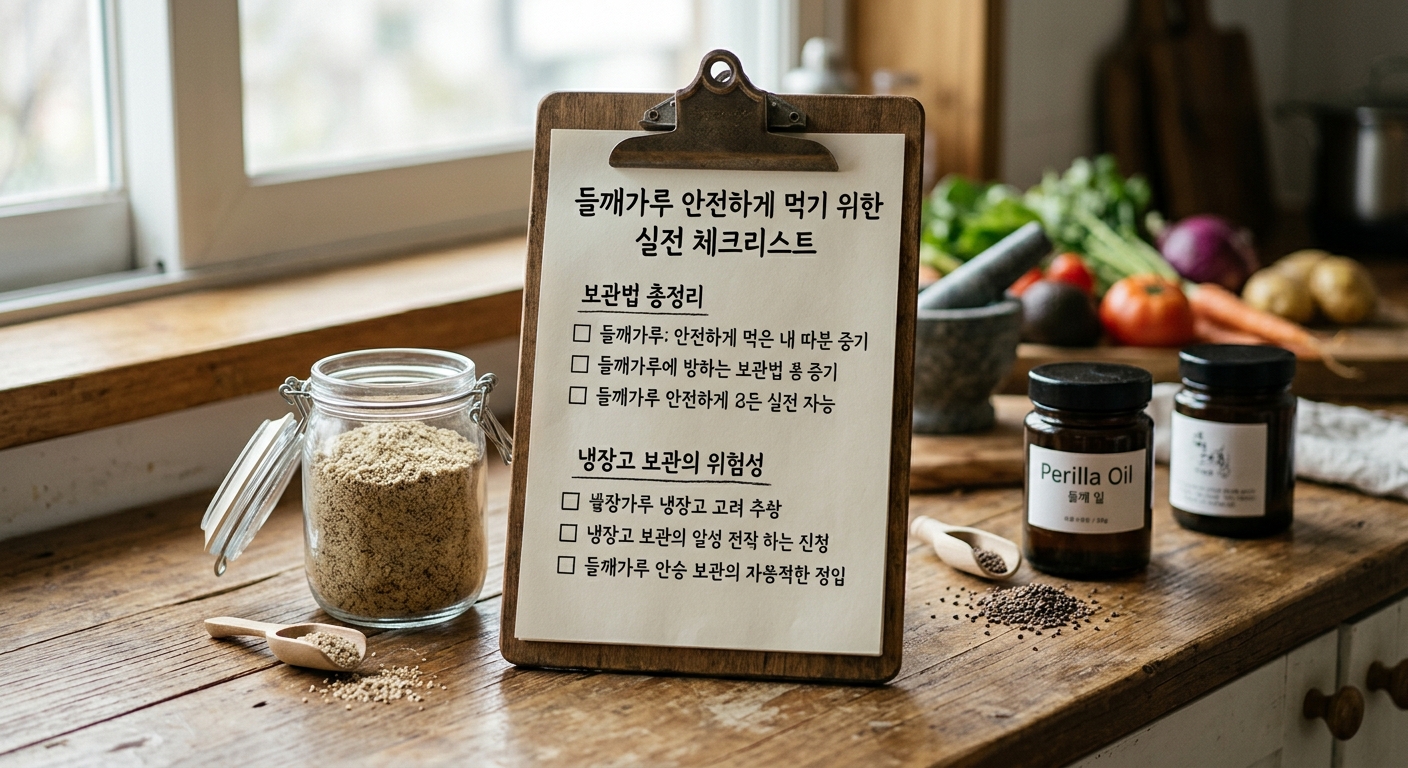 주방에서 들깨가루 보관 체크리스트를 실천하는 모습