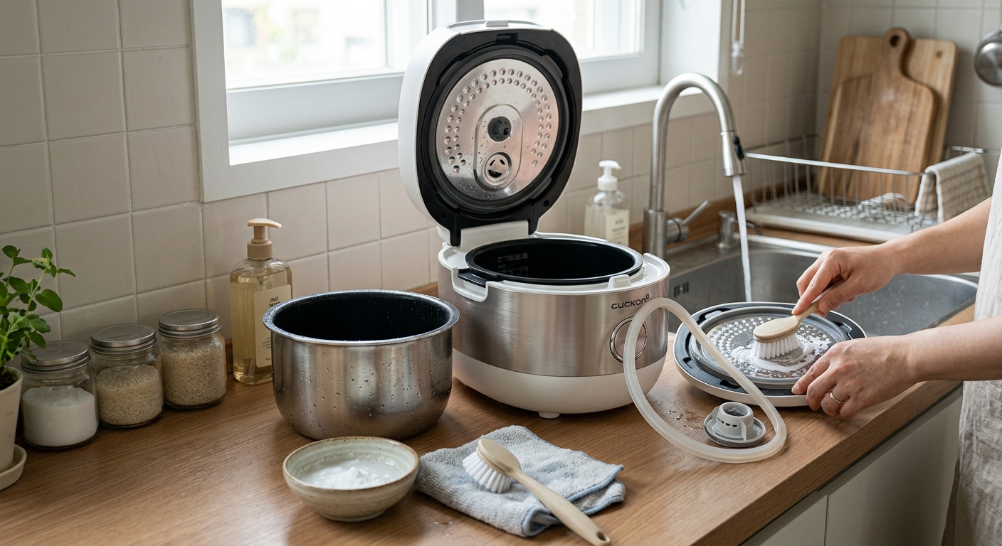 청소한 전기밥솥과 분리 부품이 깨끗하게 건조 중인 모습