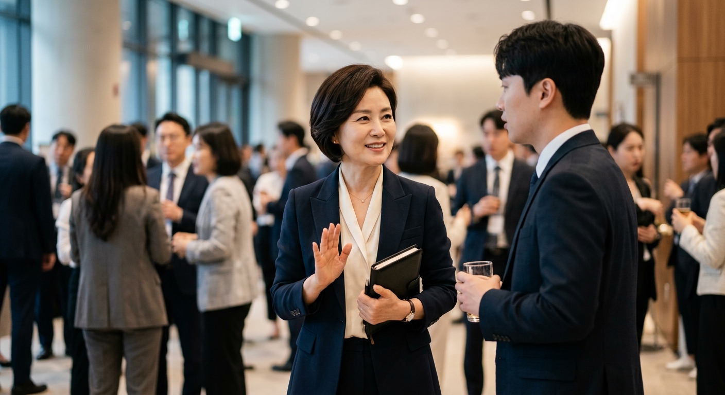 차분한 표정으로 대화를 주도하는 중년 여성의 모습