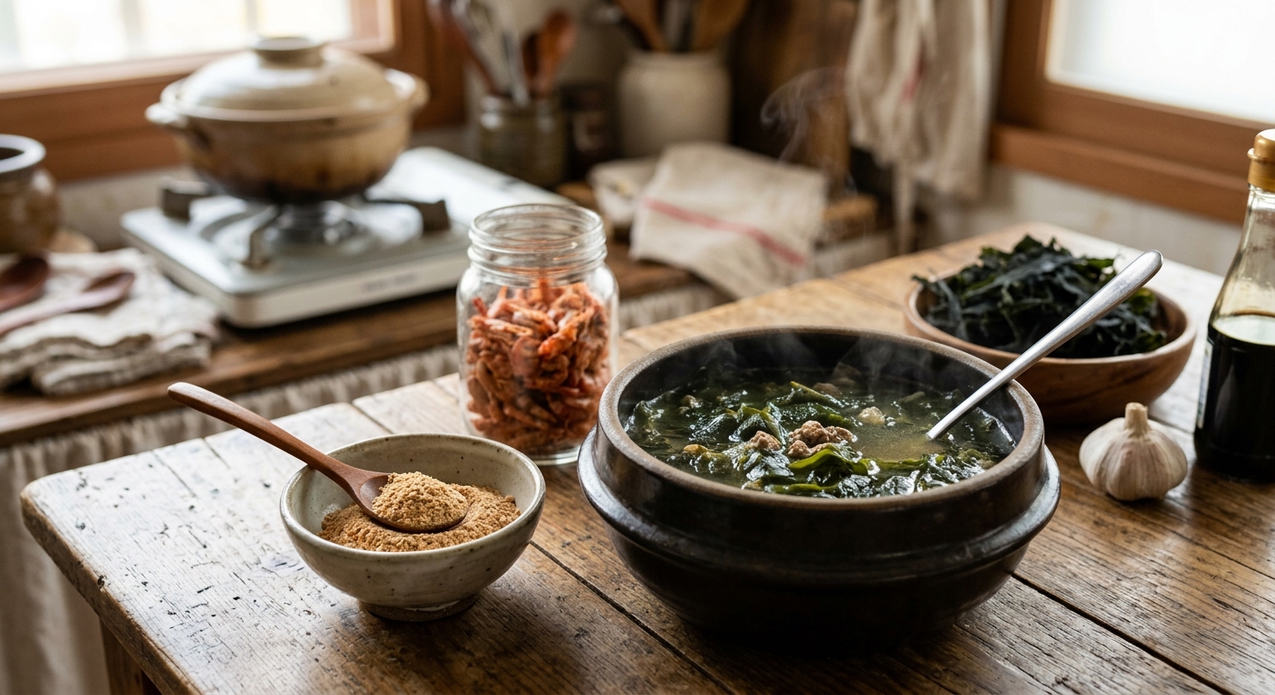 건새우가루를 활용한 국과 반찬이 차려진 집밥 식탁