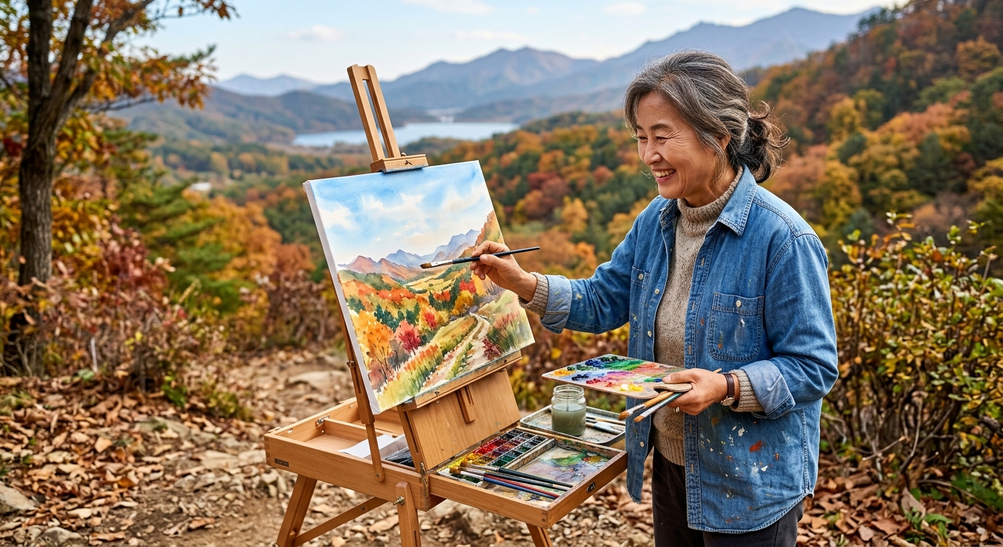 새로운 취미를 시작하며 환하게 웃는 60대 인물의 모습