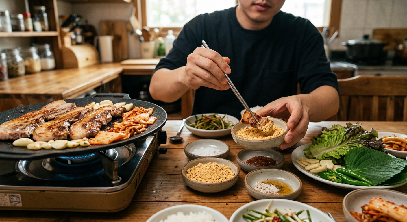 작은 종지에 담긴 콩가루와 잘 구운 삼겹살이 식탁 위에 준비된 모습