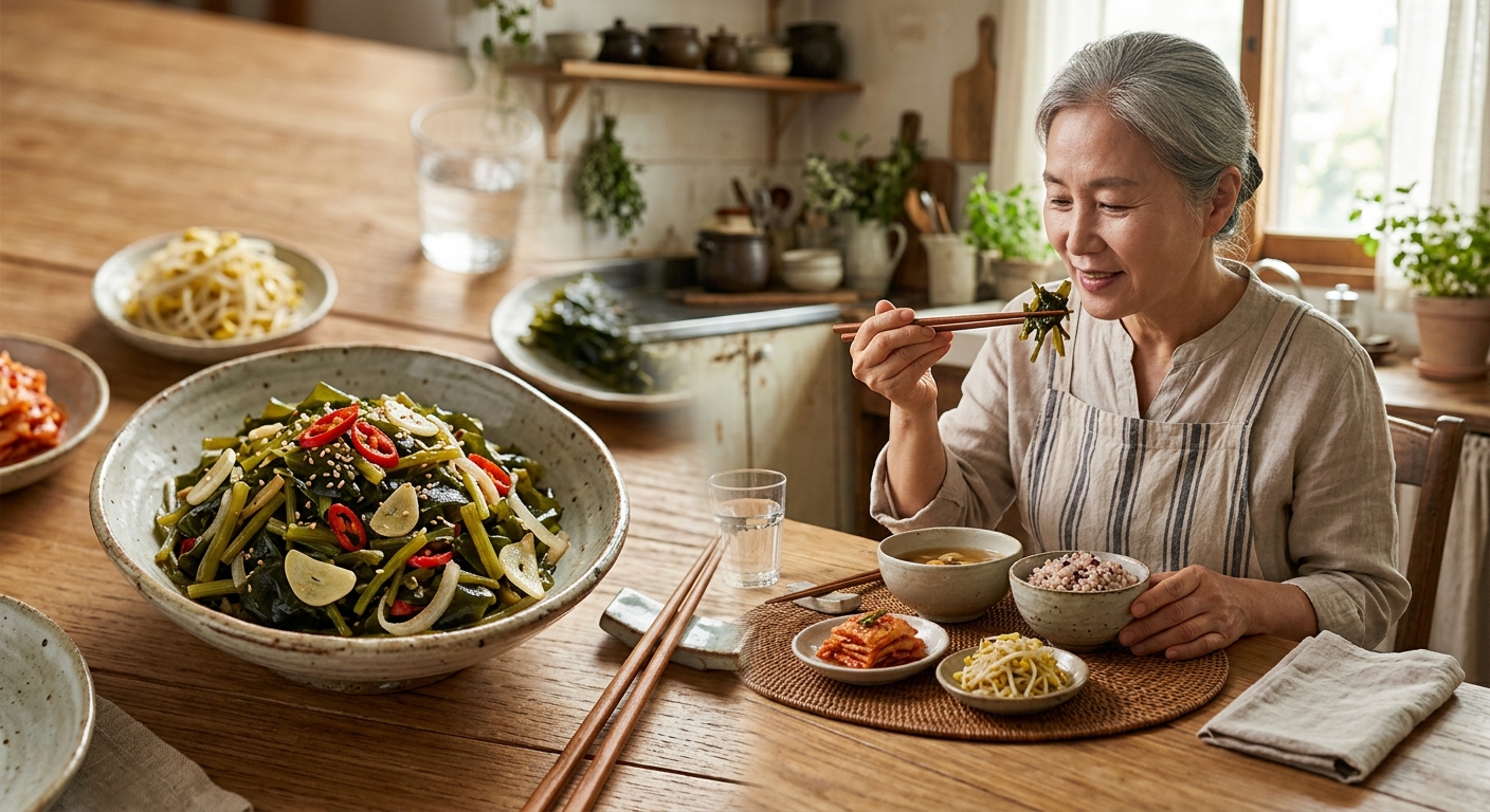 정갈한 반찬통에 소분해 담아둔 미역줄기 반찬과 주간 식단 준비