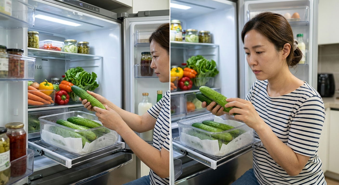 보관 중인 오이 상태를 확인하는 손과 밀폐용기 모습