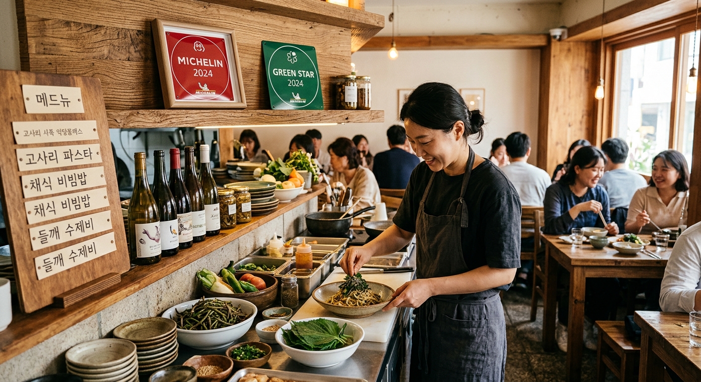 채식 레스토랑 내부에서 정갈한 음식과 지속 가능성을 상징하는 분위기 연출