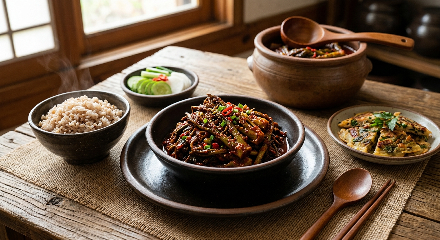 비빔밥과 삼겹살 옆에 곁들여 먹는 고추장 두릅장아찌의 활용 예시
