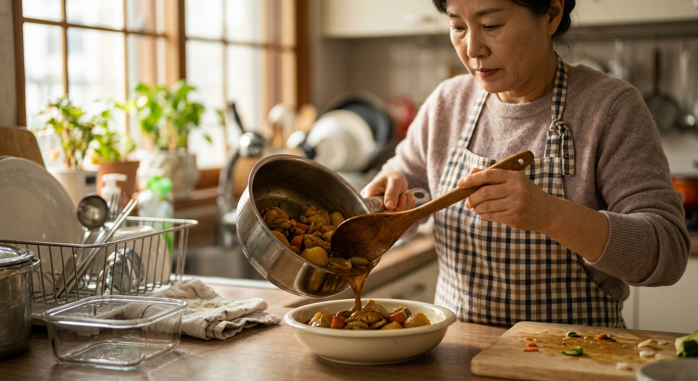 카레를 담은 유리 밀폐용기와 플라스틱 용기를 비교한 이미지