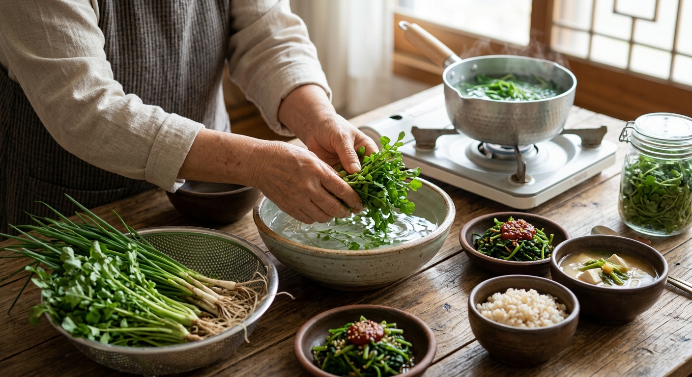 봄나물 손질과 데치기, 무치기 과정을 보여주는 주방 장면