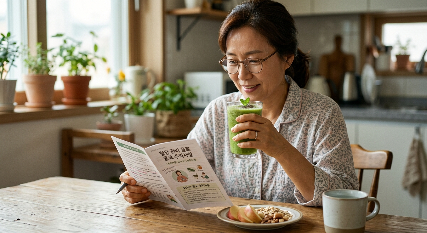 건강 음료와 함께 체크리스트를 적는 모습