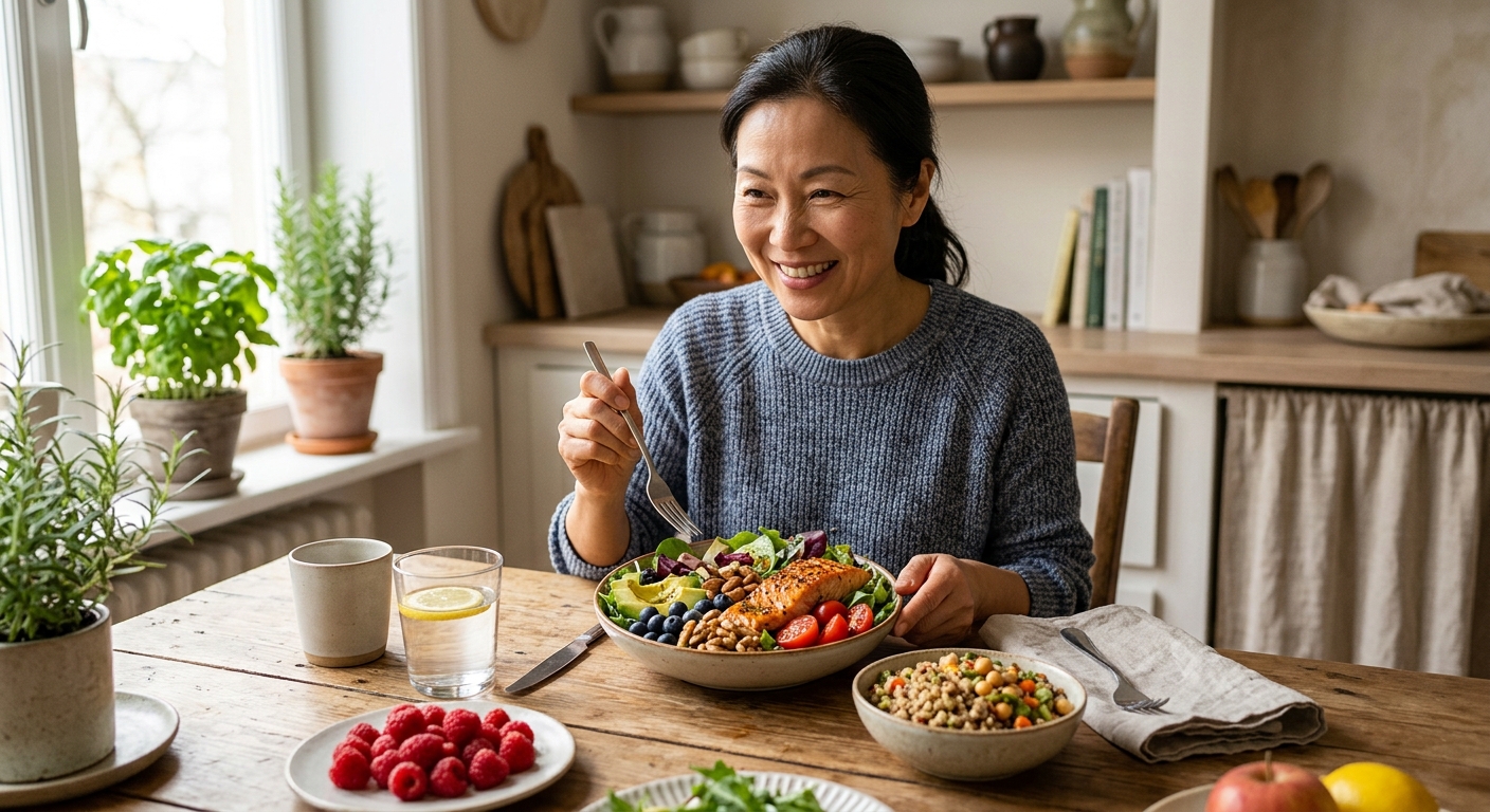 산책하는 중년 부부와 건강한 식사, 충분한 수면을 상징하는 생활 습관 콜라주 이미지