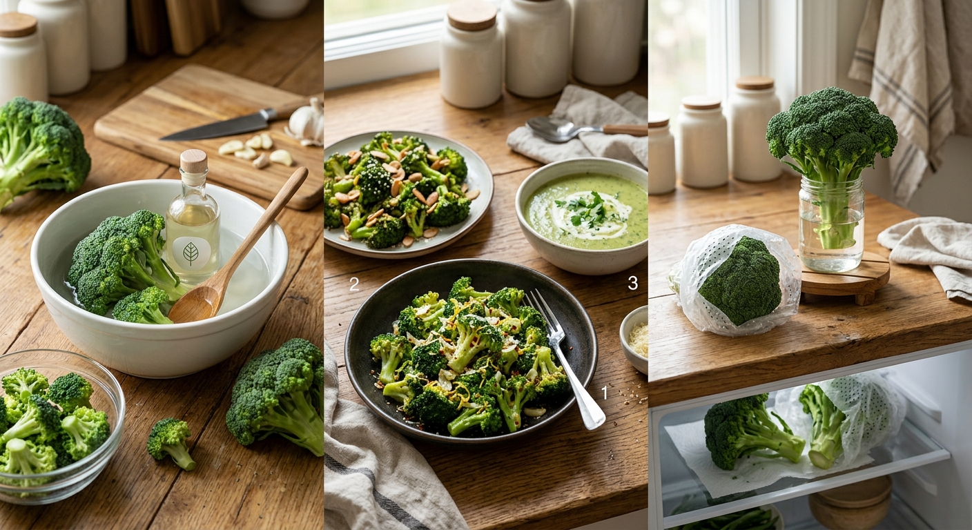 브로콜리 베이컨 볶음, 치즈 구이, 두부무침이 함께 놓인 식탁