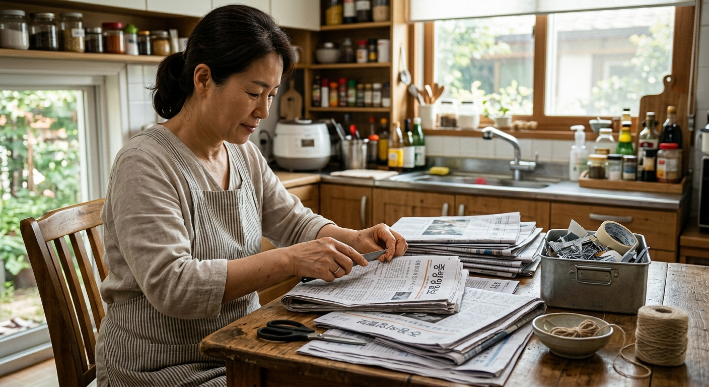 신문지와 함께 교체 시기와 보관 상태를 확인하는 생활 장면