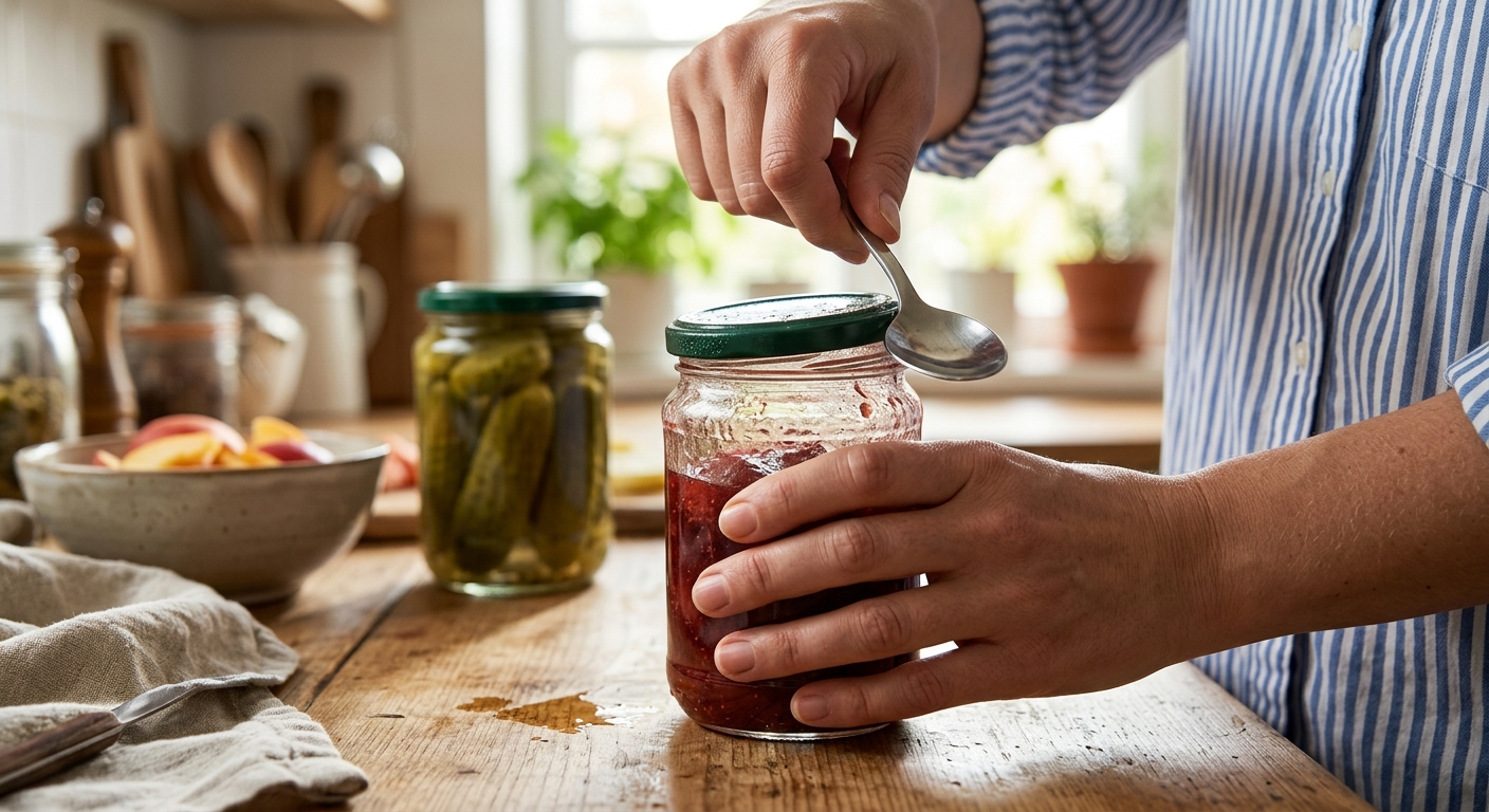 잼병, 피클병, 청병 등 여러 종류의 유리병이 놓인 주방 장면