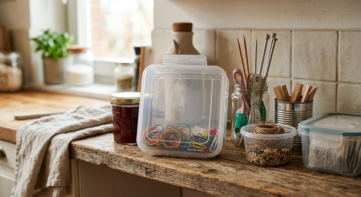 요거트 컵 유리병 반찬 용기와 샌드위치 케이스가 함께 정리된 모습