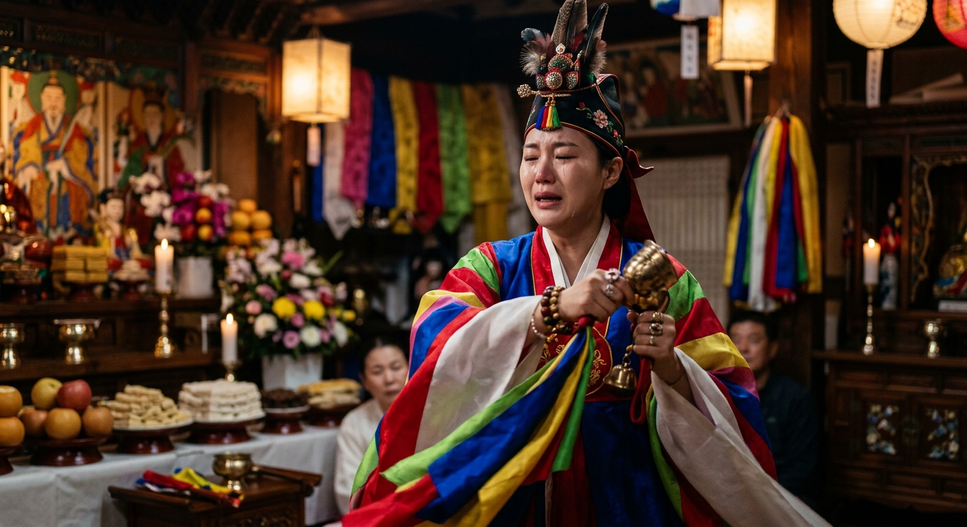 한국 전통 무속 문화와 글로벌 콘텐츠 확장을 상징적으로 표현한 현대적 이미지