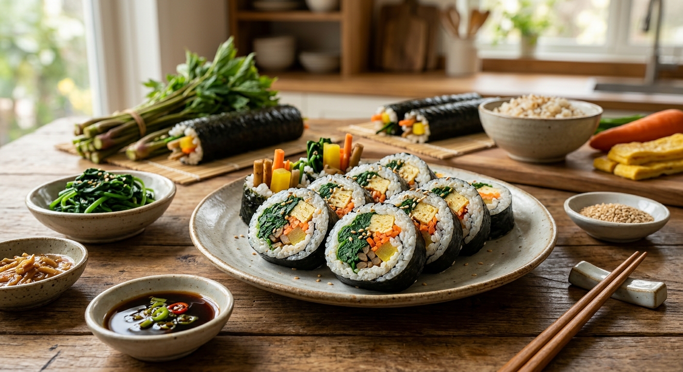 밀폐용기에 보관한 데친 엄나무순과 완성된 김밥
