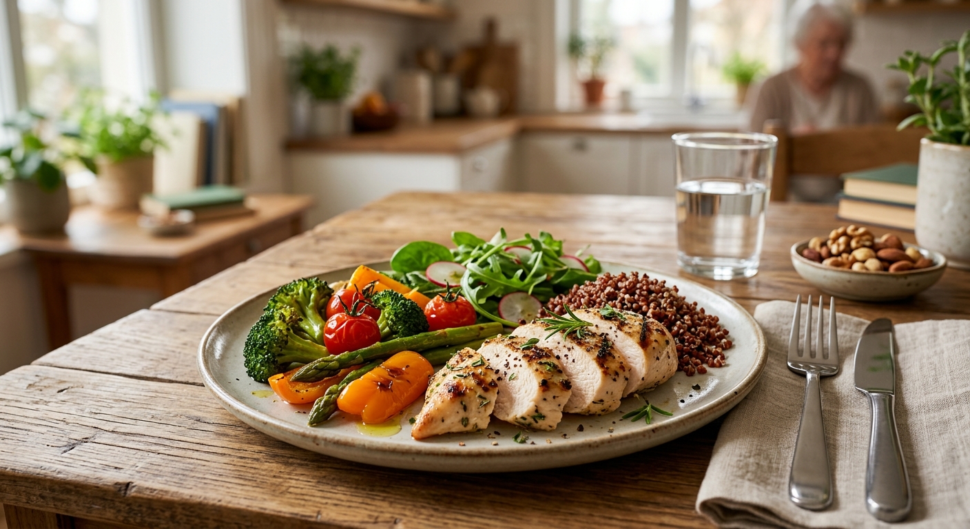 건강 식단 계획표와 신선한 식재료를 준비하는 손의 모습