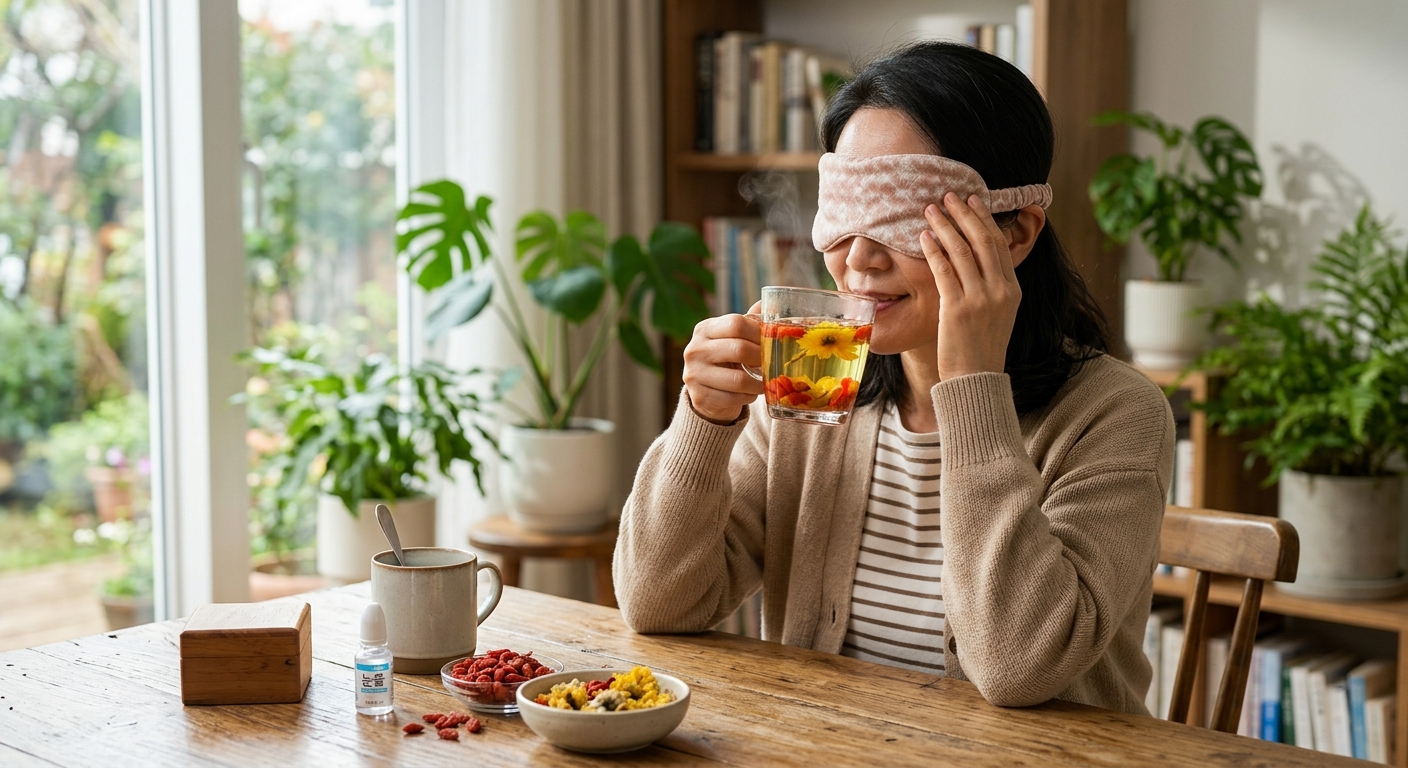 아침 물 한 잔과 건강 음료, 노트북, 당근과 블루베리가 놓인 책상