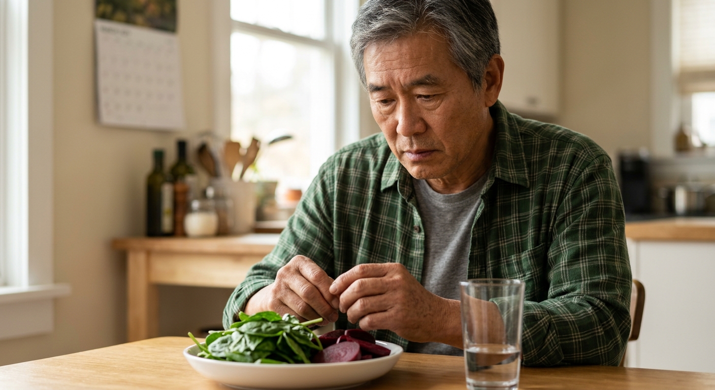 물병과 건강 기록 노트, 채소가 함께 놓인 생활 건강 관리 이미지