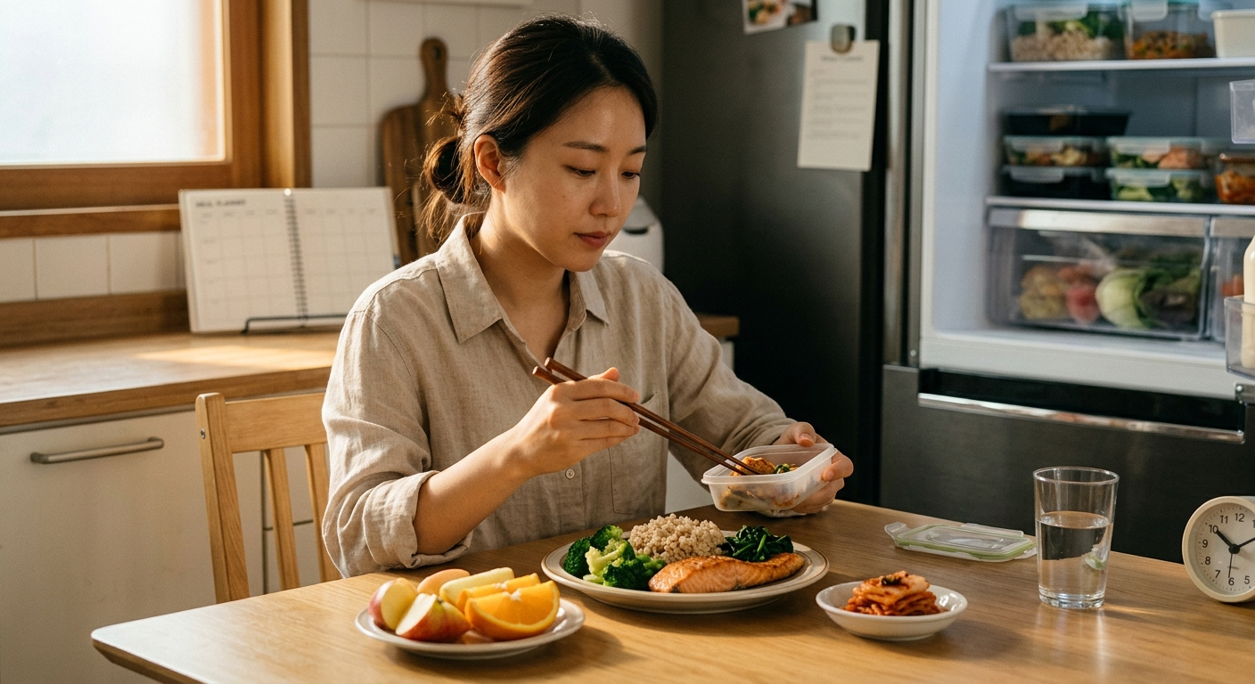 건강한 간식과 식사 기록 노트를 함께 놓은 다이어트 관리 장면