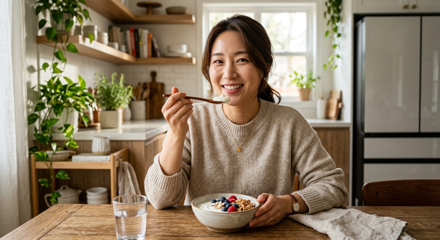 병원 상담실에서 대장 건강 검진에 대해 설명을 듣는 성인의 모습