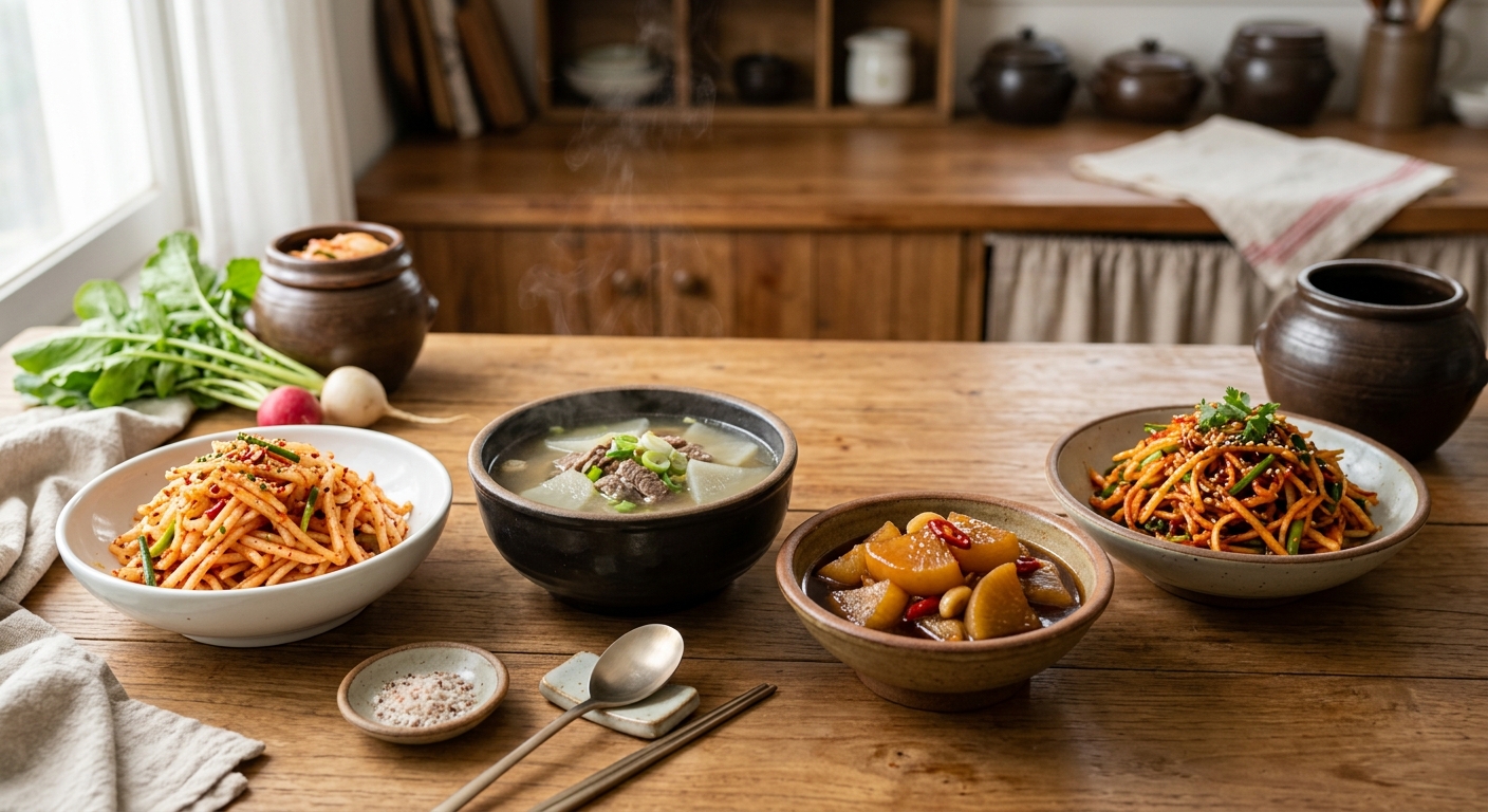 무생채와 뭇국, 무조림이 함께 차려진 한식 식탁