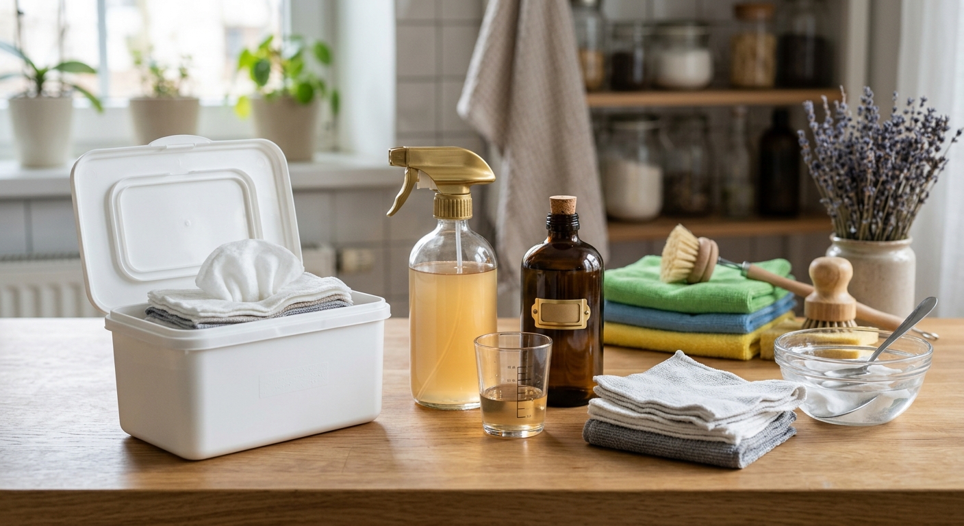 청소용으로 재활용한 물티슈를 밀폐 보관하며 주방과 욕실에 나눠 두는 모습