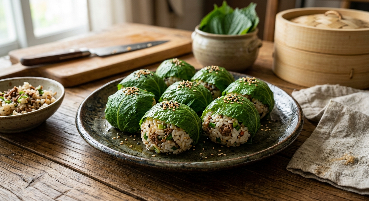 깻잎 주먹밥을 만들 때 중요한 체크포인트가 담긴 조리 장면