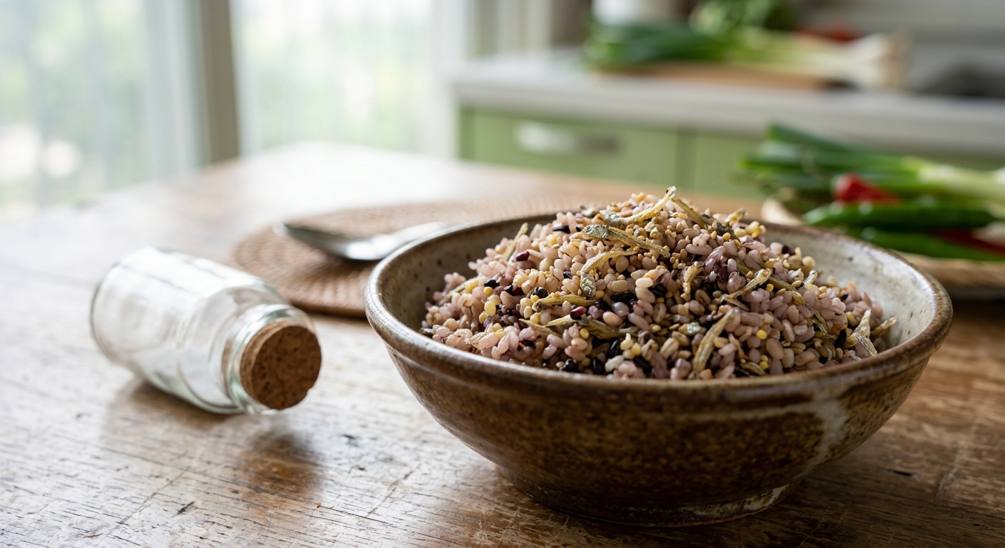 가족이 함께 잡곡밥 식사를 하는 따뜻한 식탁 장면