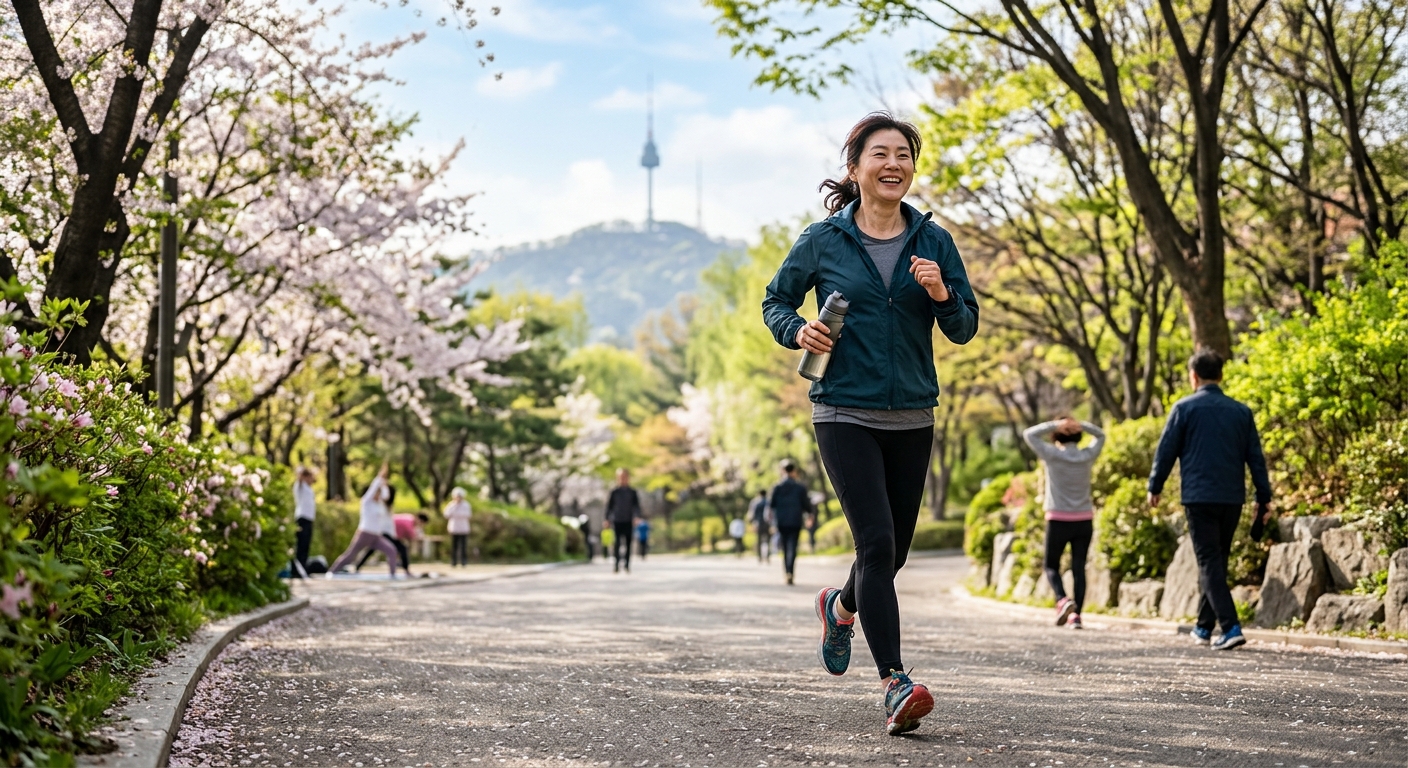 아침 스트레칭과 산책, 건강한 식사 계획을 실천하는 중년의 일상