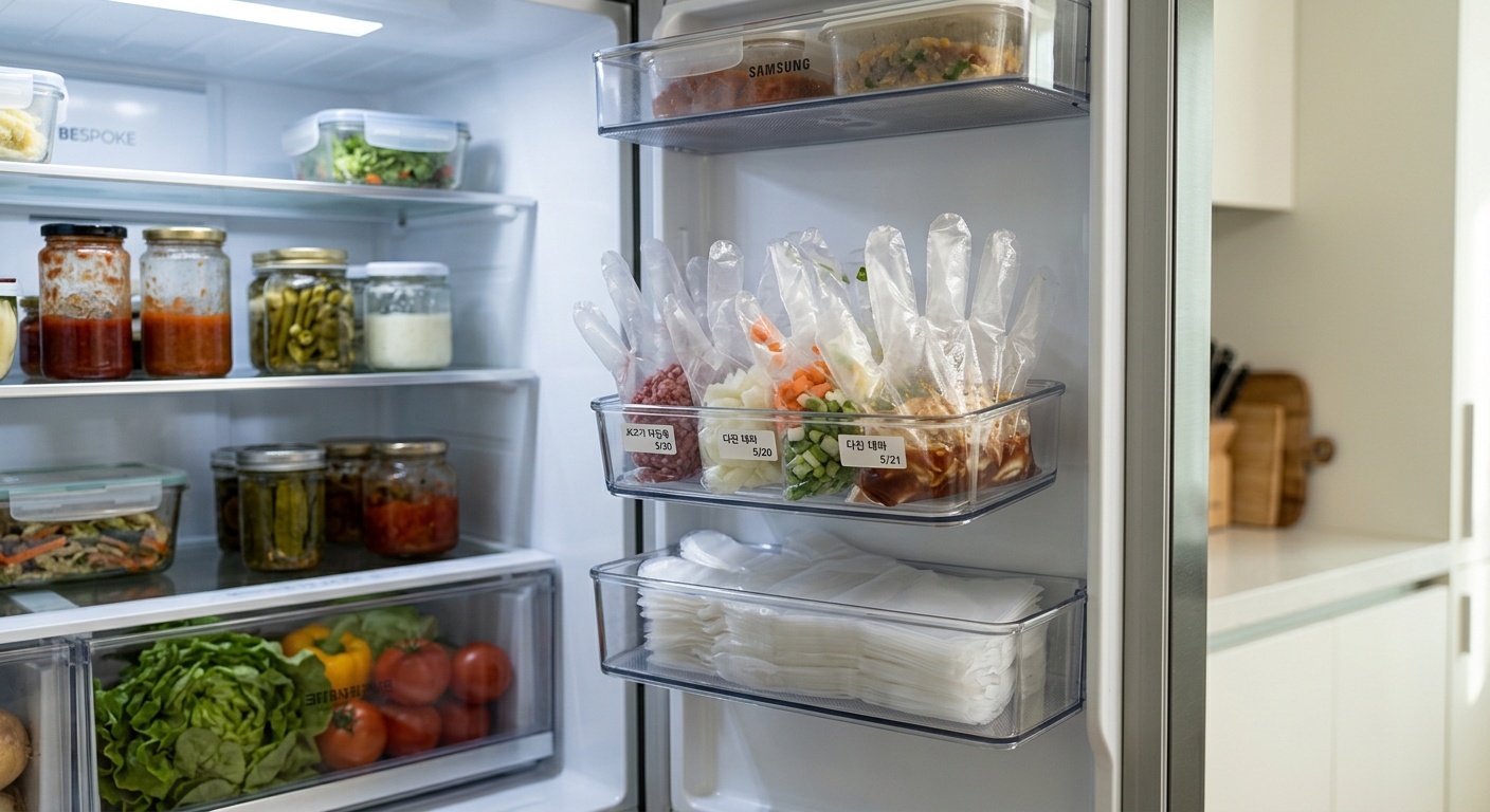 주방용과 청소용 비닐장갑을 구분해 깔끔하게 정리한 생활 수납 장면