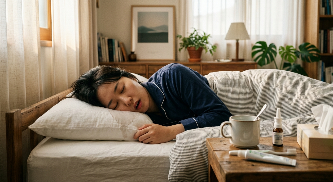 침실에서 가습기와 올바른 베개 자세를 준비하는 모습