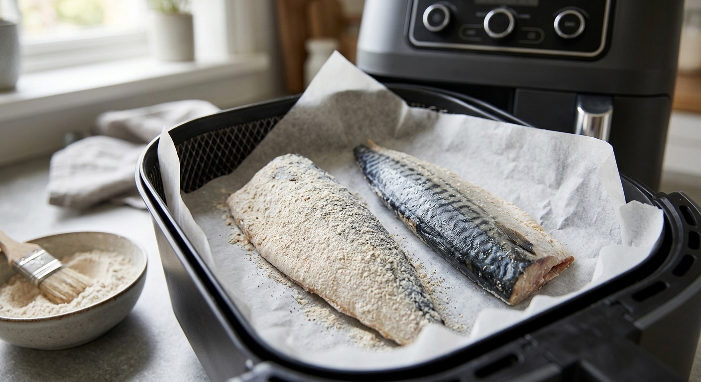 에어프라이어 바스켓에 종이 호일과 함께 올린 생선을 굽는 장면