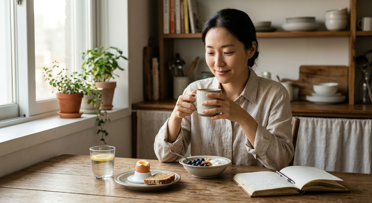 소박하지만 균형 잡힌 아침 식사를 준비하는 일상적인 주방 풍경