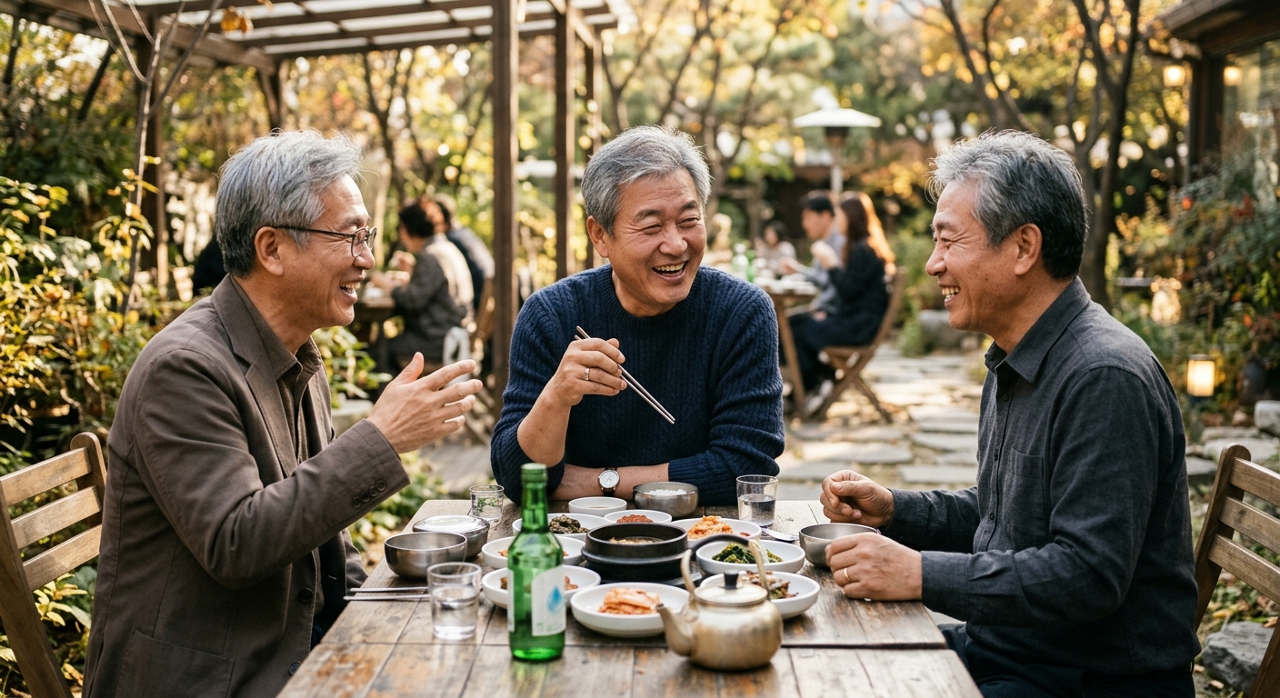 미소를 나누며 편안하게 대화하는 중년 친구들