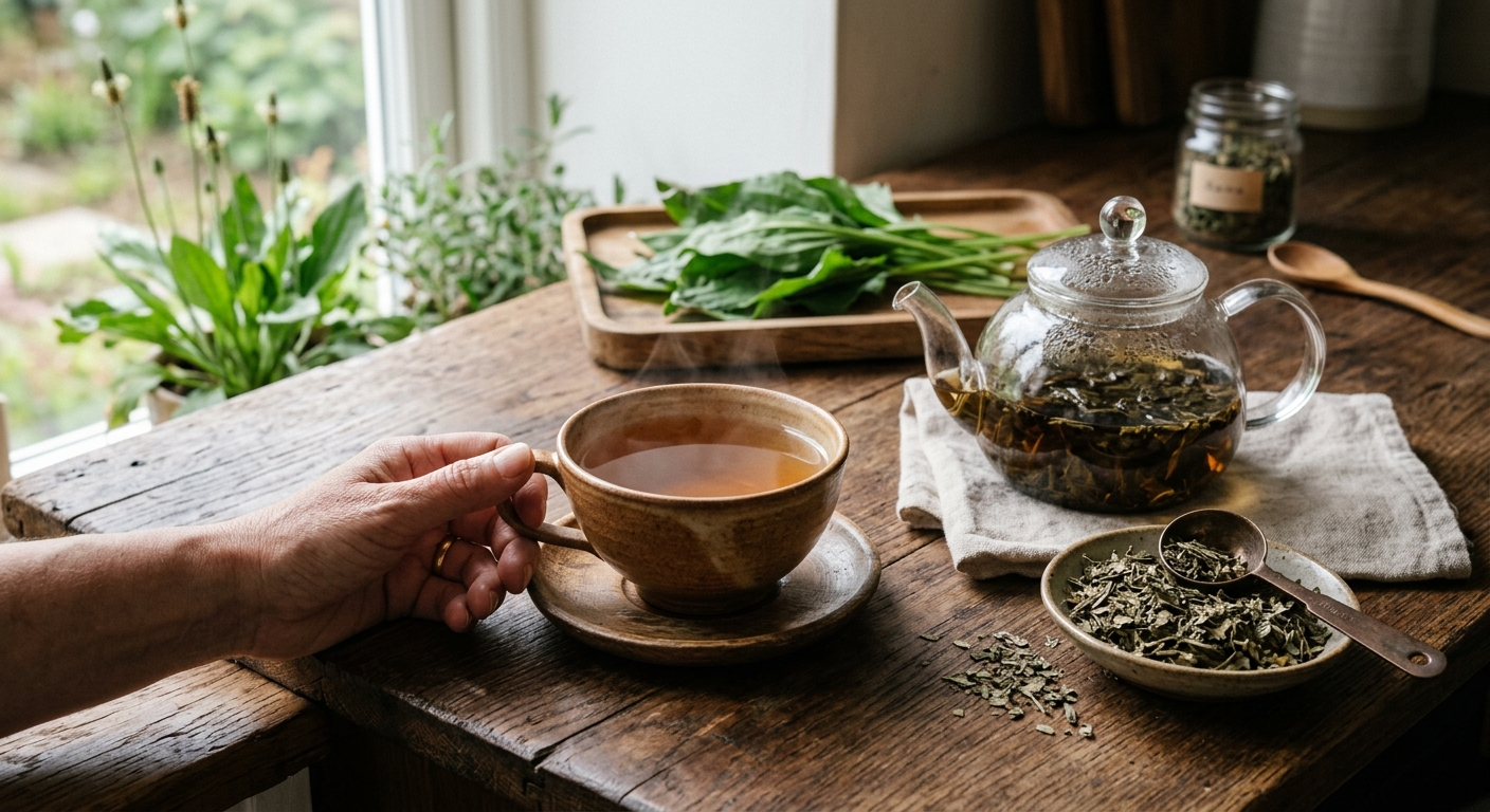 말린 질경이 잎과 씨앗으로 끓인 은은한 색의 질경이 차