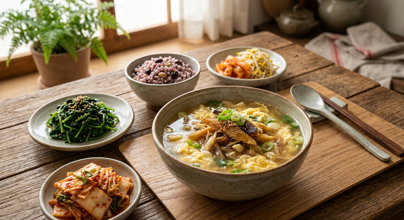 북어달걀국과 북어달걀찜, 북어달걀전이 함께 차려진 실용적인 단백질 식단 이미지