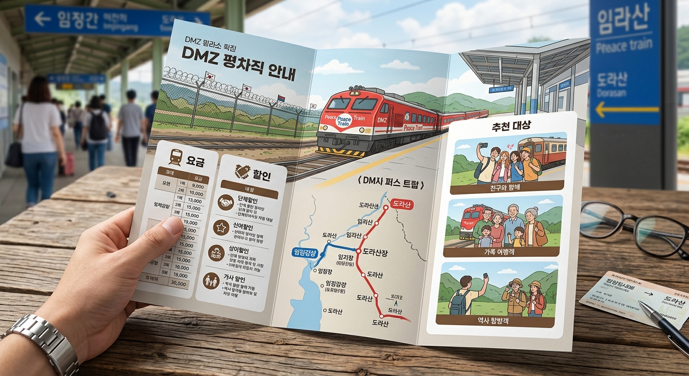 가족과 여행자가 DMZ 평화이음 열차 이용 정보를 확인하는 모습