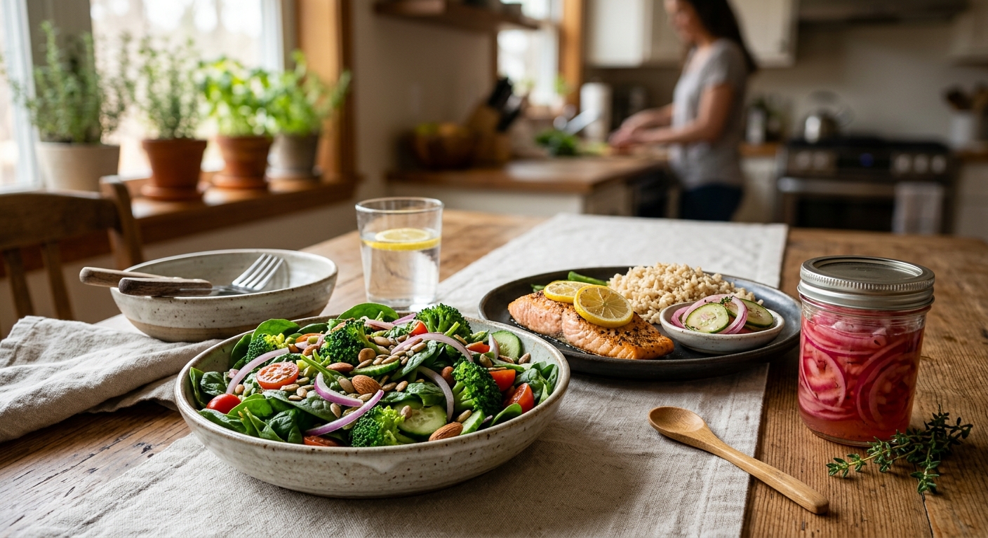 시금치와 브로콜리, 익힌 양파를 소분해 보관한 건강 식단 준비 장면