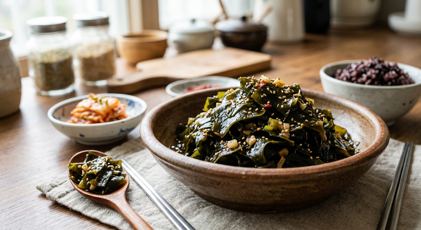 밀폐용기에 담아 냉장 보관한 미역볶음과 재가열 준비 모습