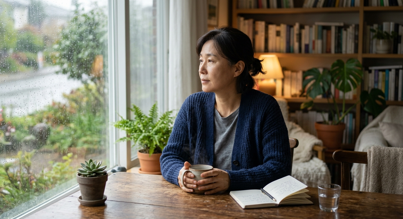 산책화와 노트, 물컵이 놓인 일상적인 회복 습관의 장면