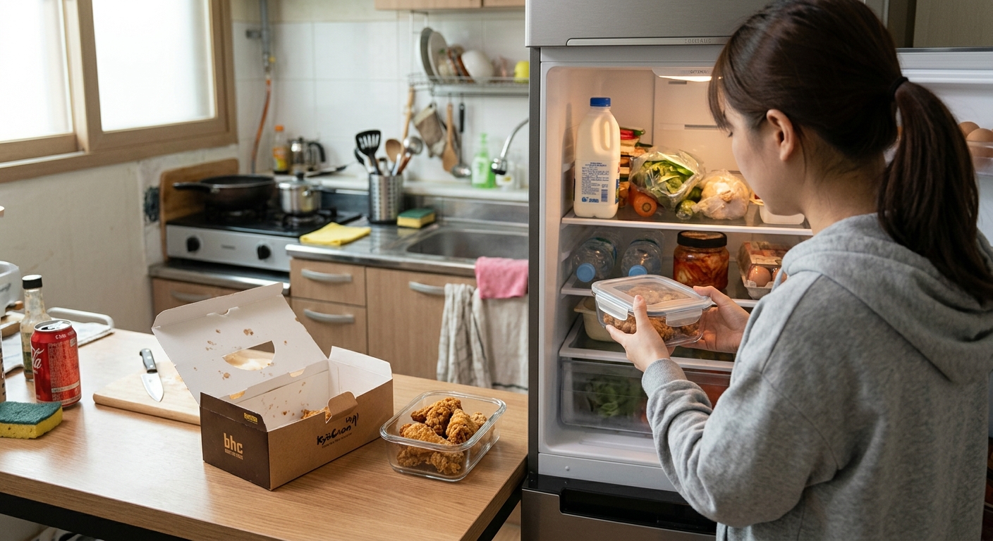자취방 냉장고 앞에서 밀폐용기와 날짜 스티커로 남은 음식을 정리하는 모습