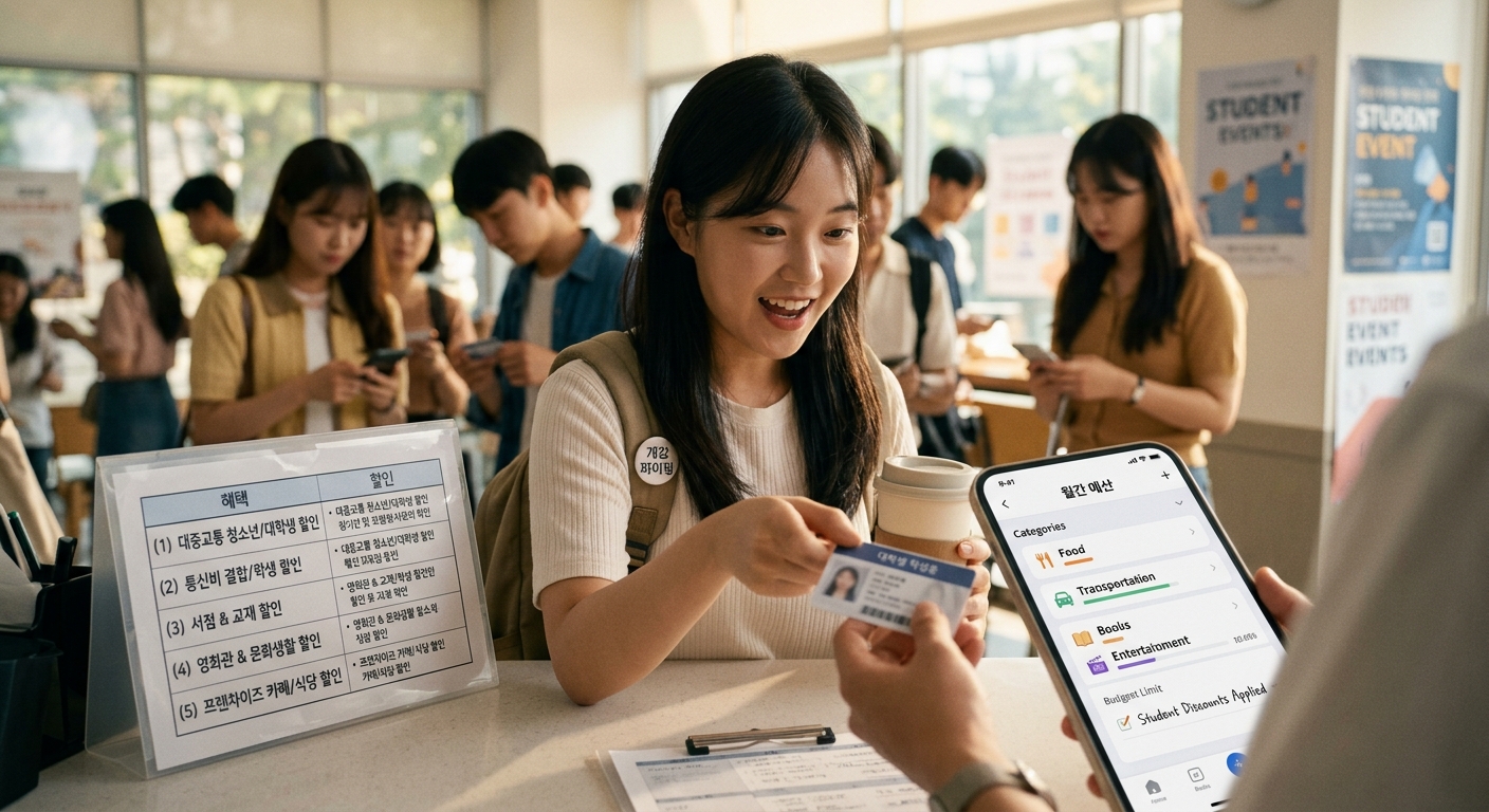가계부와 학생증을 함께 두고 생활비 절약 계획을 세우는 대학생